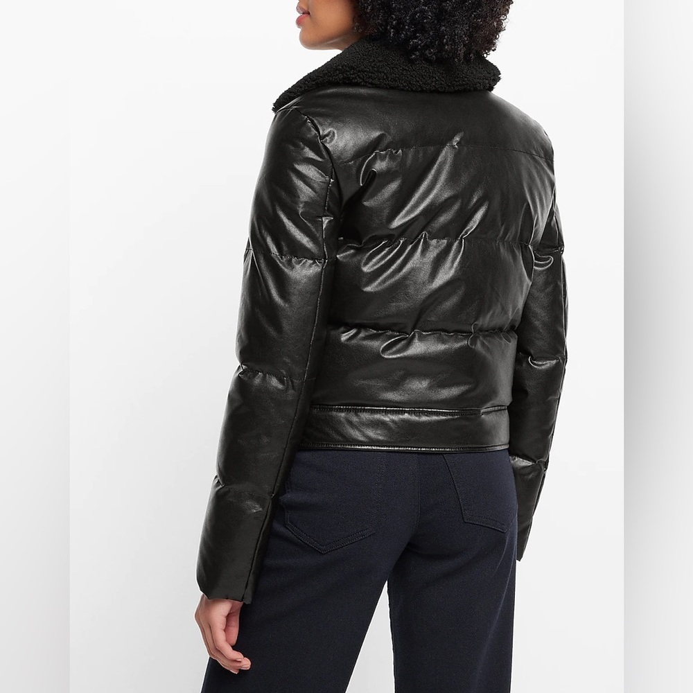 Faux Leather Fur Collar Belted Hem Puffer Moto Jacket - NWT Size XS - Picture 4 of 7
